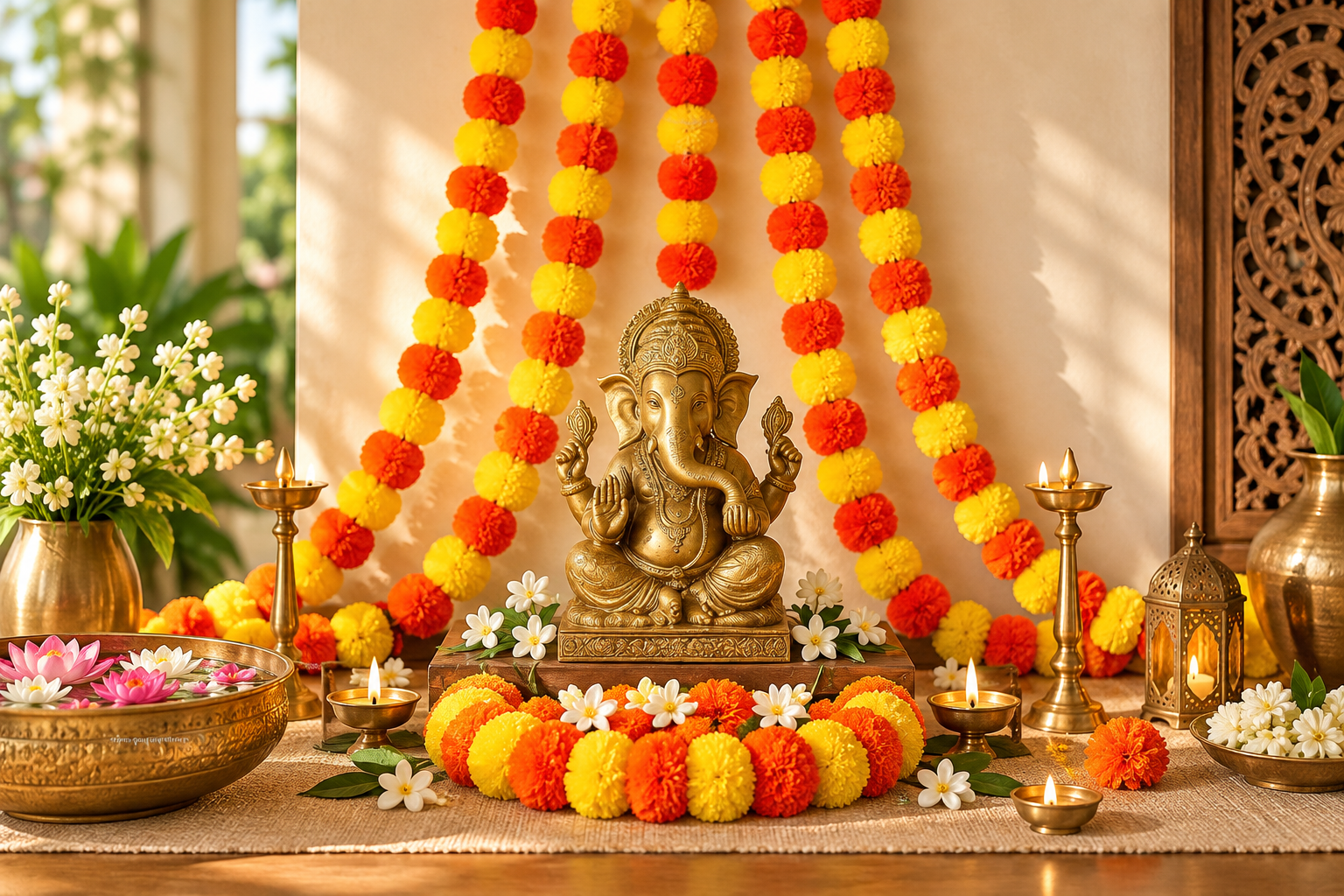 Ganesh Chaturthi home decoration with orange and yellow marigold garlands, flowers and warm festive lighting
