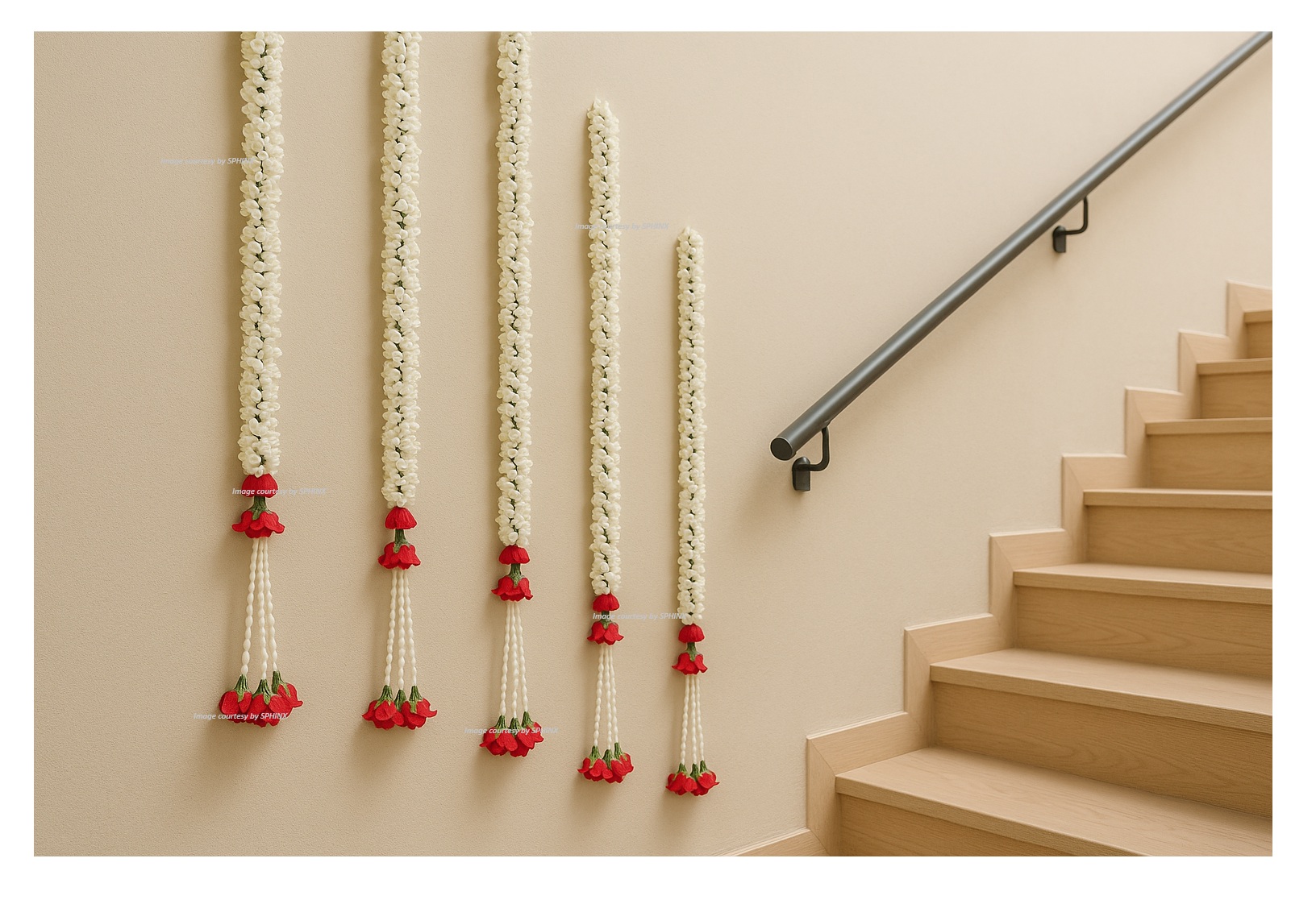 Artificial jasmine flower decoration styled along a staircase for festive home decor