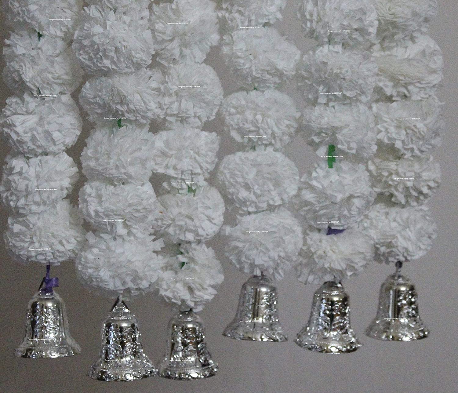 ARTIFICIAL MARIGOLD FLUFFY FLOWERS AND GOLDEN BELLS GARLANDS/TORANS/WALL HANGINGS FOR DECORATION (APPROX 2.5 FT.)PACK OF 6 STRINGS – WHITE
