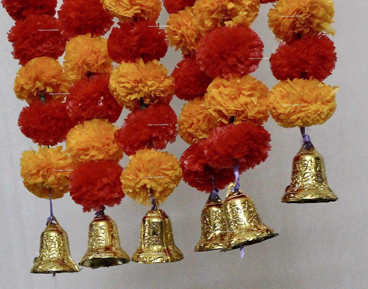 ARTIFICIAL MARIGOLD FLUFFY FLOWERS AND GOLDEN BELLS GARLANDS/TORANS/WALL HANGINGS FOR DECORATION (APPROX 2.5 FT.)PACK OF 6 STRINGS – LIGHT ORANGE AND RED