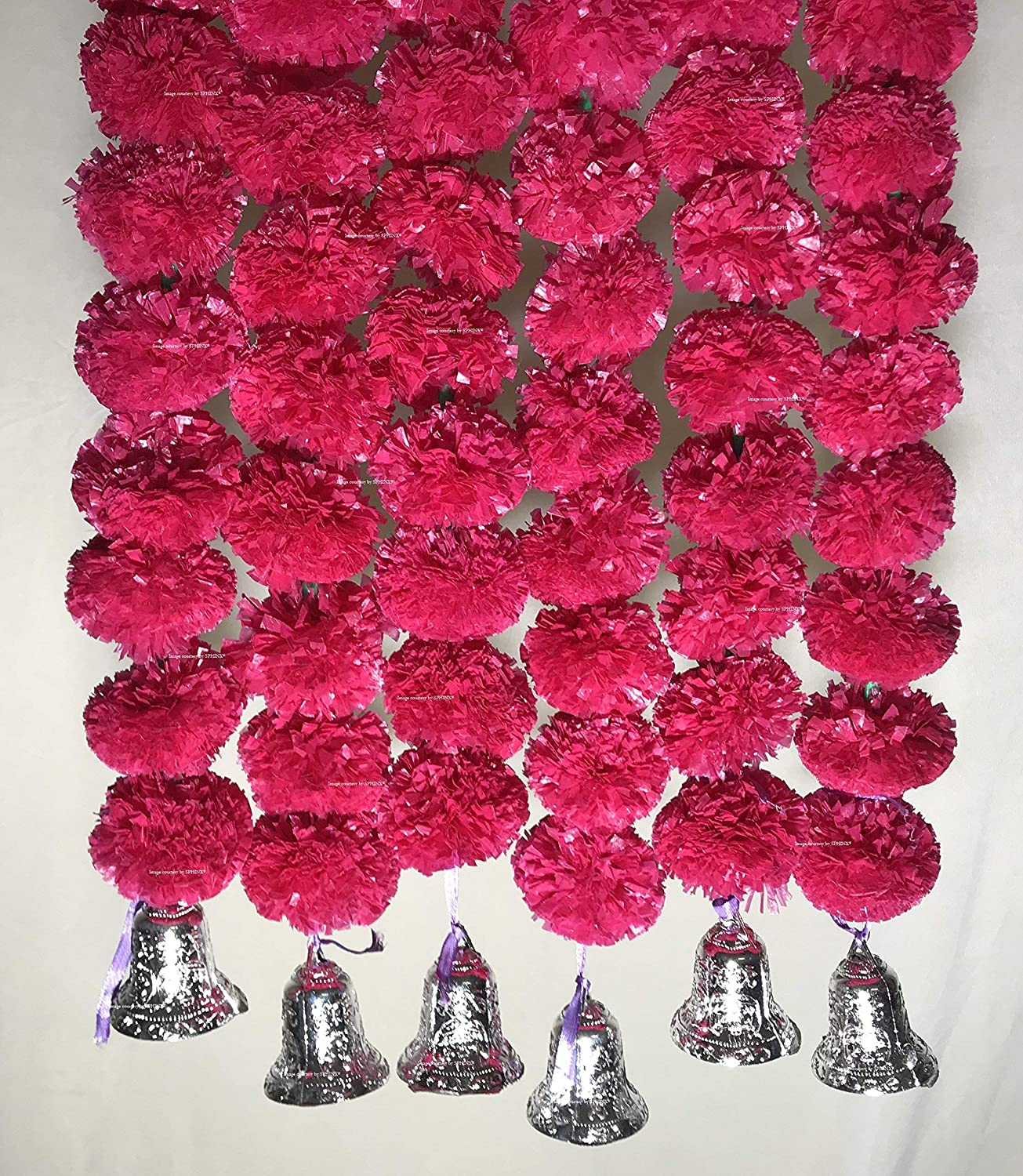 SPHINX ARTIFICIAL MARIGOLD FLUFFY FLOWERS AND GOLDEN BELLS GARLANDS/TORANS/WALL HANGINGS FOR DECORATION (APPROX 2.5 FT.)PACK OF 6 STRINGS – DARK PINK (RANI)