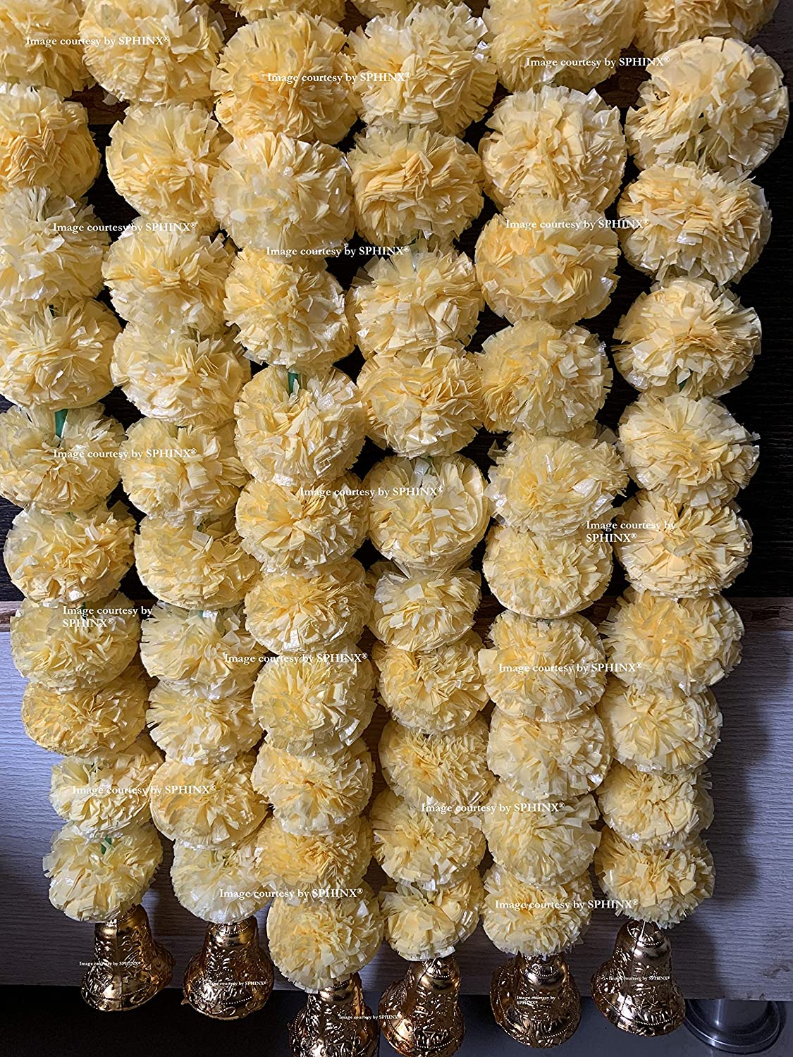 ARTIFICIAL MARIGOLD FLUFFY FLOWERS AND GOLDEN BELLS GARLANDS/TORANS/WALL HANGINGS FOR DECORATION (APPROX 2.5 FT.)PACK OF 6 STRINGS – CREAM