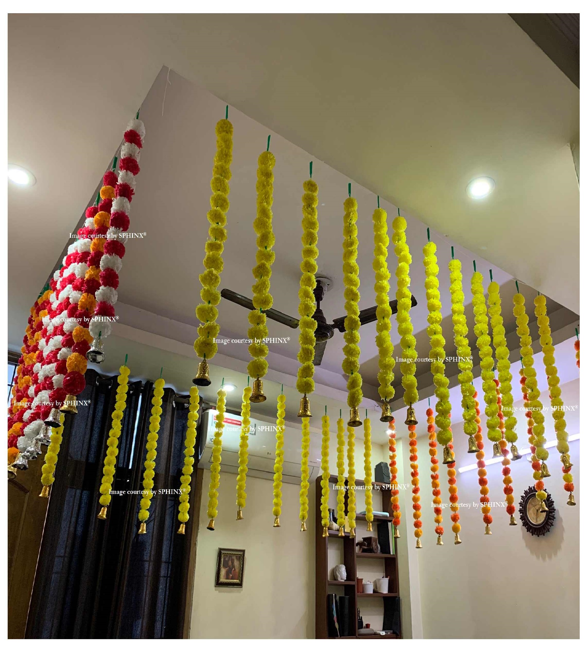 ARTIFICIAL MARIGOLD FLUFFY FLOWERS AND GOLDEN BELLS GARLANDS/TORANS/WALL HANGINGS FOR DECORATION (APPROX 2.5 FT.) -MIX COLORED PACK OF 30 STRINGS