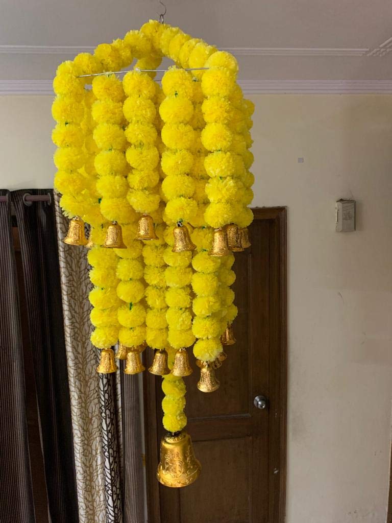 ARTIFICIAL MARIGOLD FLUFFY FLOWERS (GENDA PHOOL) CHANDELIER/JHOOMAR – YELLOW -ST (HEIGHT APPROX. 4 FT.)