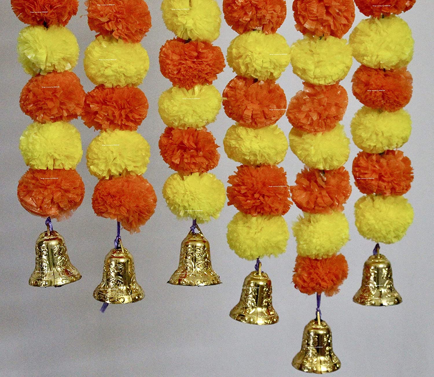 ARTIFICIAL MARIGOLD FLUFFY FLOWERS AND GOLDEN BELLS GARLANDS/TORANS/WALL HANGINGS FOR DECORATION (APPROX 2.5 FT.)PACK OF 6 STRINGS – YELLOW AND DARK ORANGE