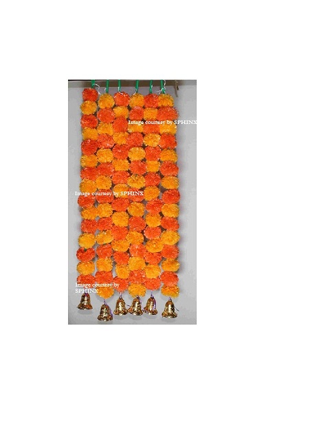 ARTIFICIAL MARIGOLD FLUFFY FLOWERS AND GOLDEN BELLS GARLANDS/TORANS/WALL HANGINGS FOR DECORATION APPROX 2.5 ft – PACK OF 6 STRINGS – LIGHT & DARK ORANGE