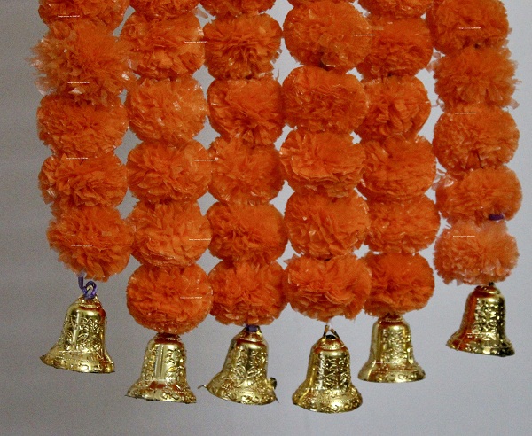 SPHINX ARTIFICIAL MARIGOLD FLUFFY FLOWERS AND GOLDEN BELLS GARLANDS/TORANS/WALL HANGINGS FOR DECORATION APPROX 2.5 ft – PACK OF 6 STRINGS – DARK ORANGE