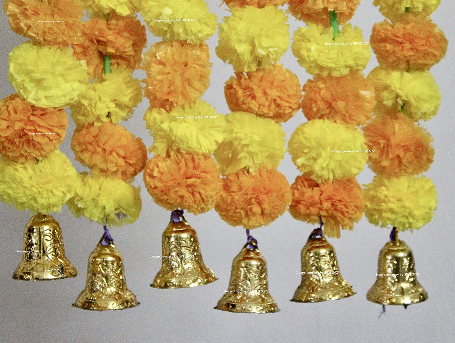 ARTIFICIAL MARIGOLD FLUFFY FLOWERS AND GOLDEN BELLS GARLANDS/TORANS/WALL HANGINGS FOR DECORATION (APPROX 2.5 FT.)PACK OF 6 STRINGS -YELLOW AND LIGHT ORANGE