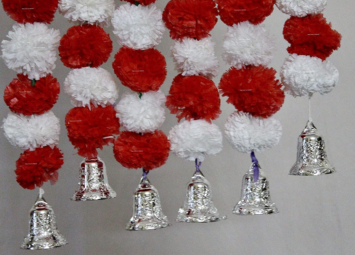 SPHINX ARTIFICIAL MARIGOLD FLUFFY FLOWERS AND GOLDEN BELLS GARLANDS/TORANS/WALL HANGINGS FOR DECORATION (APPROX 2.5 FT.)PACK OF 6 STRINGS -WHITE & RED