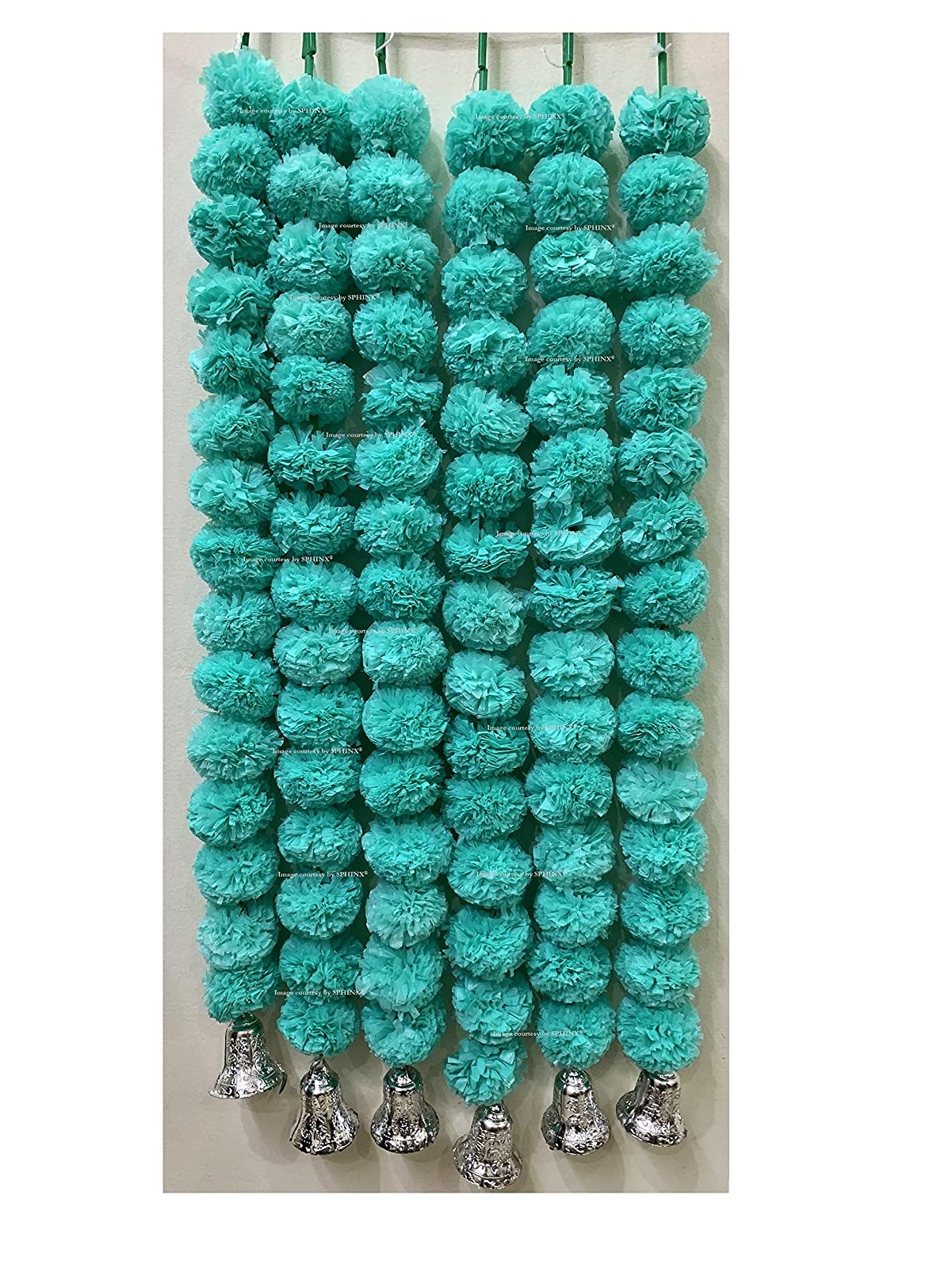 SPHINX ARTIFICIAL MARIGOLD FLUFFY FLOWERS AND GOLDEN BELLS GARLANDS/TORANS/WALL HANGINGS FOR DECORATION (APPROX 2.5 FT.)PACK OF 6 STRINGS -SKY BLUE