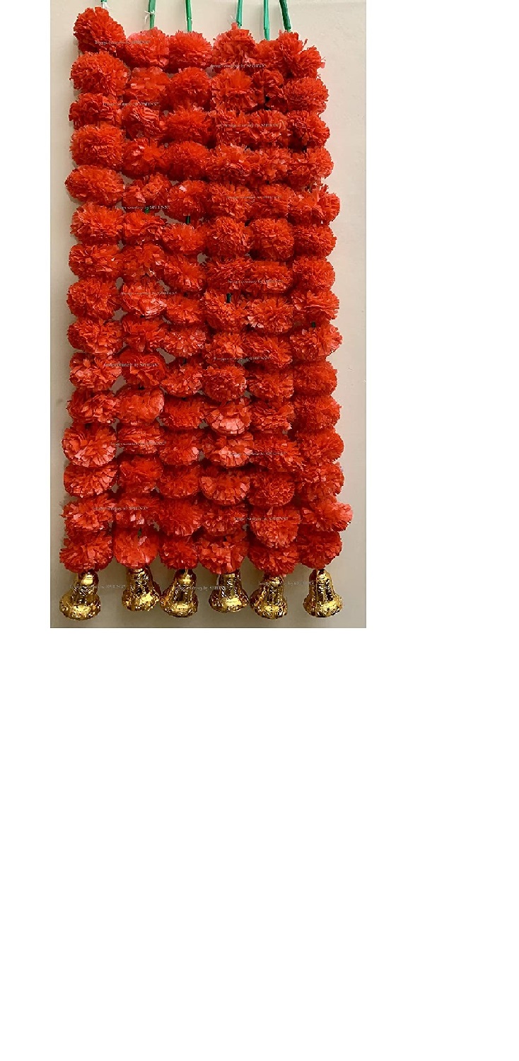 SPHINX ARTIFICIAL MARIGOLD FLUFFY FLOWERS AND GOLDEN BELLS GARLANDS/TORANS/WALL HANGINGS FOR DECORATION (APPROX 2.5 FT.)PACK OF 6 STRINGS -RED