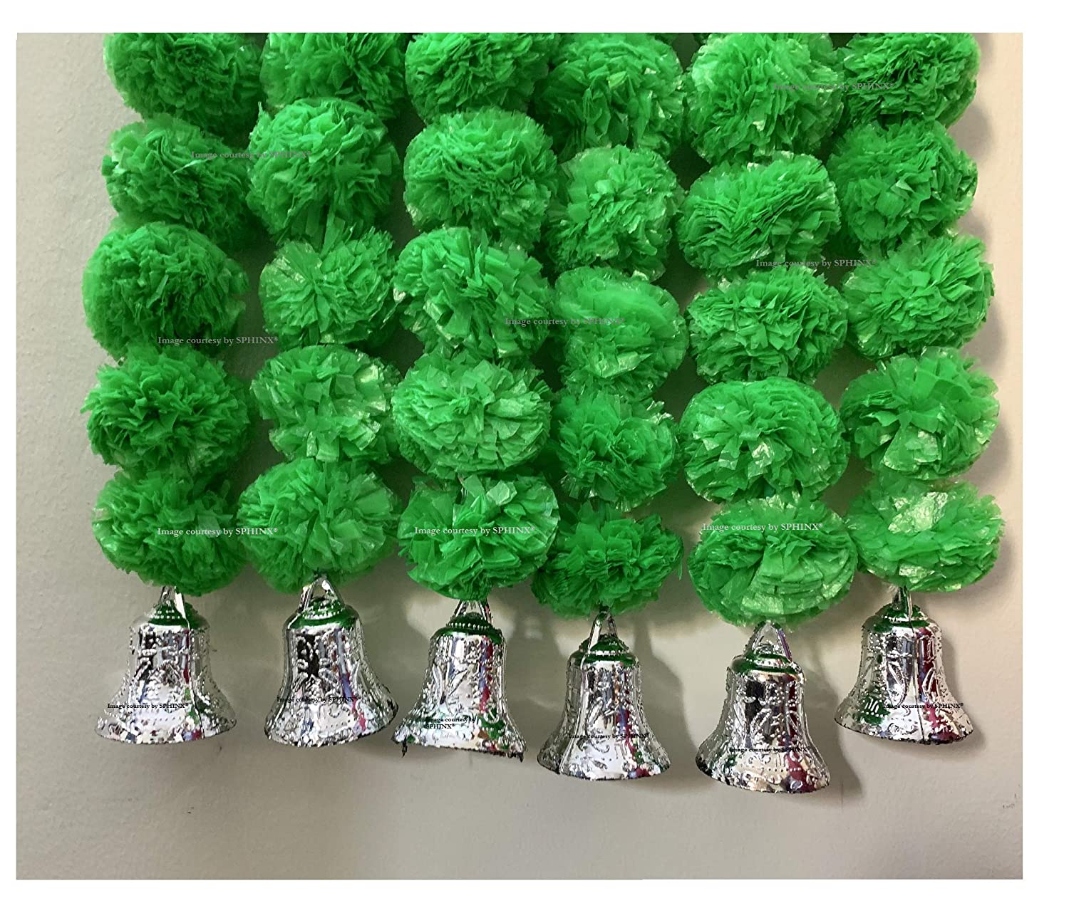 SPHINX ARTIFICIAL MARIGOLD FLUFFY FLOWERS AND GOLDEN BELLS GARLANDS/TORANS/WALL HANGINGS FOR DECORATION (APPROX 2.5 FT.)PACK OF 6 STRINGS -GREEN