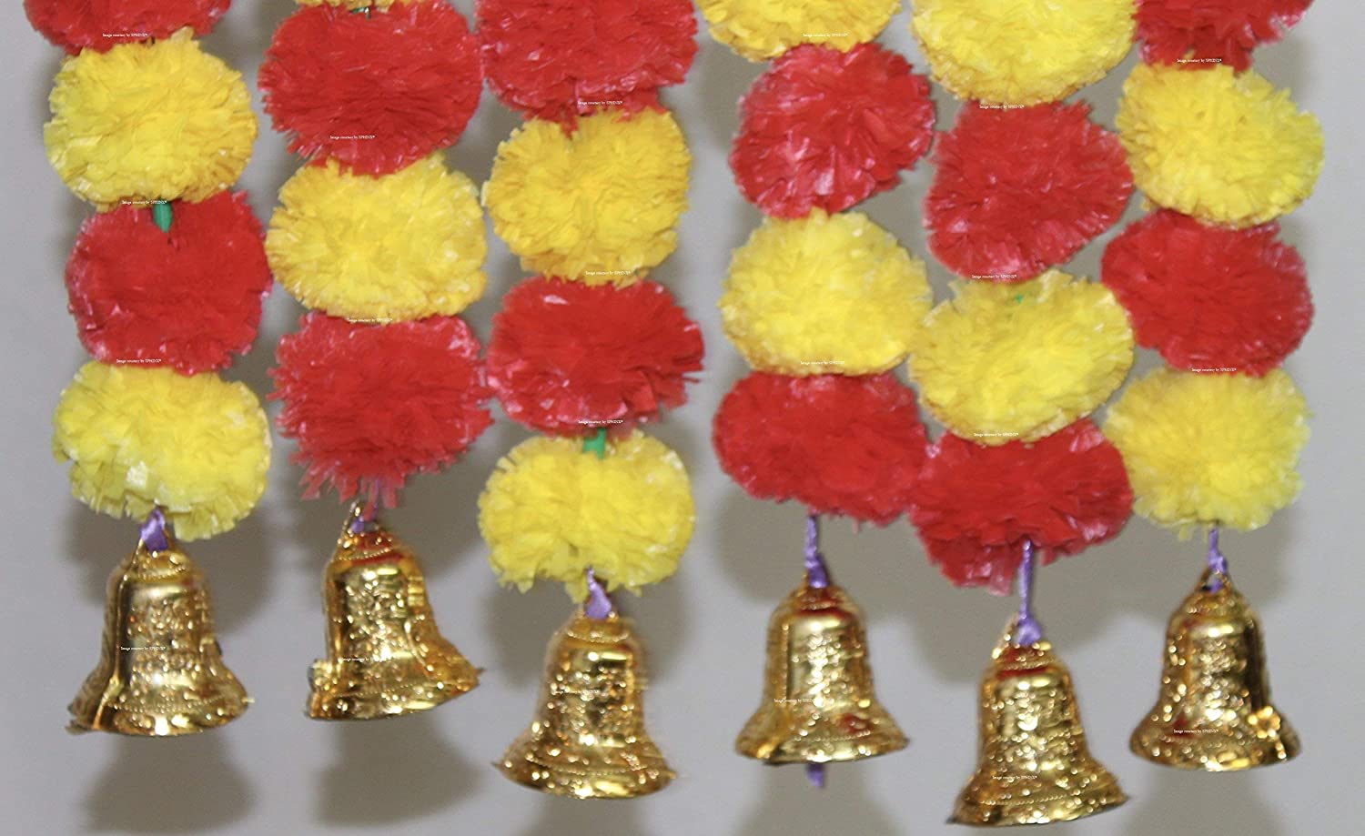 SPHINX ARTIFICIAL MARIGOLD FLUFFY FLOWERS AND GOLDEN BELLS GARLANDS/TORANS/WALL HANGINGS FOR DECORATION (APPROX 2.5 FT.)PACK OF 6 STRINGS – YELLOW AND RED