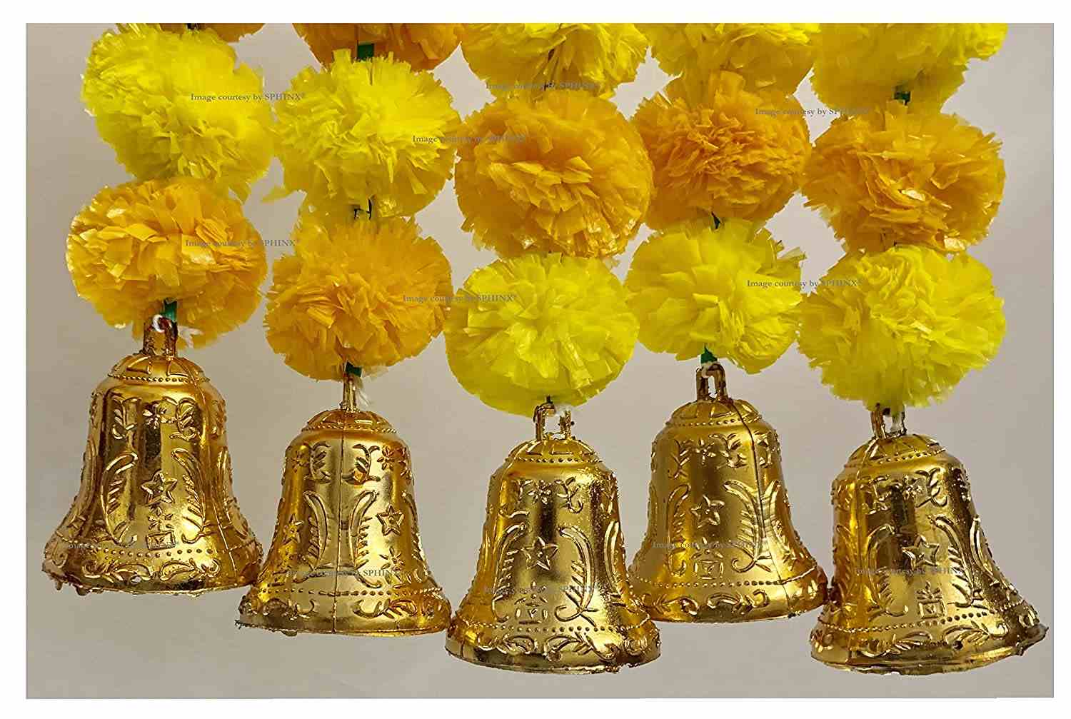SPHINX ARTIFICIAL MARIGOLD FLUFFY FLOWERS AND GOLDEN/SILVER HANGING BELLS SHORT GARLANDS/TORANS/WALL HANGINGS/LATKANS FOR DECORATION APPROX. 1.2 FT.- PACK OF 5 STRINGS -YELLOW & LIGHT ORANGE