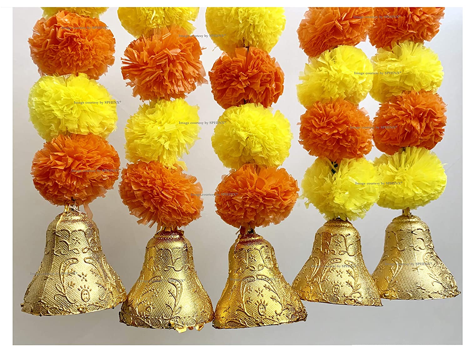 SPHINX ARTIFICIAL MARIGOLD FLUFFY FLOWERS AND GOLDEN/SILVER HANGING BELLS SHORT GARLANDS/TORANS/WALL HANGINGS/LATKANS FOR DECORATION APPROX. 1.2 FT.- PACK OF 5 STRINGS -YELLOW & DARK ORANGE