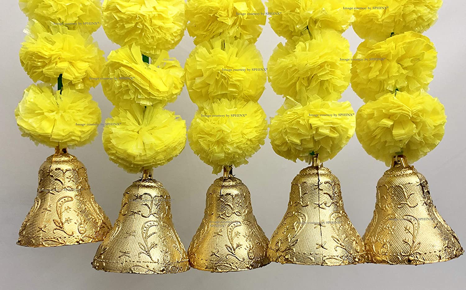 SPHINX ARTIFICIAL MARIGOLD FLUFFY FLOWERS AND GOLDEN/SILVER HANGING BELLS SHORT GARLANDS/TORANS/WALL HANGINGS/LATKANS FOR DECORATION APPROX. 1.2 FT.- PACK OF 5 STRINGS -YELLOW
