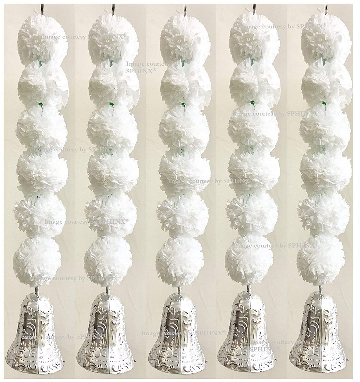SPHINX ARTIFICIAL MARIGOLD FLUFFY FLOWERS AND GOLDEN/SILVER HANGING BELLS SHORT GARLANDS/TORANS/WALL HANGINGS/LATKANS FOR DECORATION APPROX. 1.2 FT.- PACK OF 5 STRINGS -WHITE