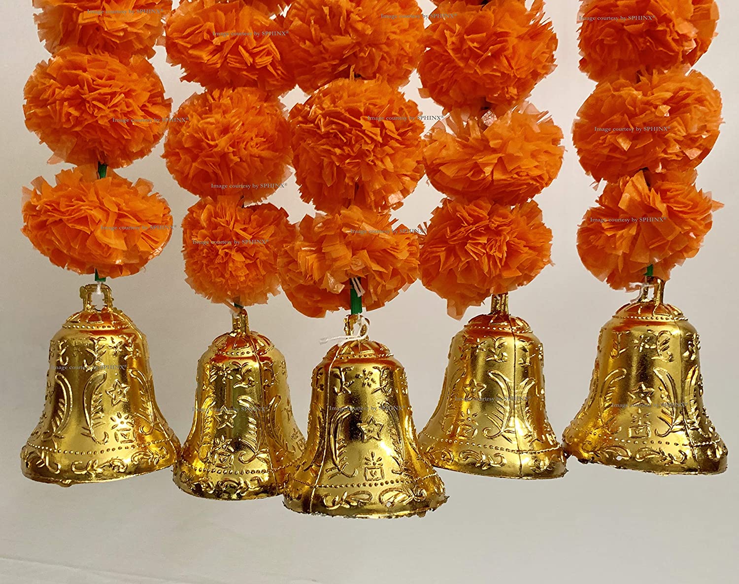 SPHINX ARTIFICIAL MARIGOLD FLUFFY FLOWERS AND GOLDEN/SILVER HANGING BELLS SHORT GARLANDS/TORANS/WALL HANGINGS/LATKANS FOR DECORATION APPROX. 1.2 FT.- PACK OF 5 STRINGS -DARK ORANGE