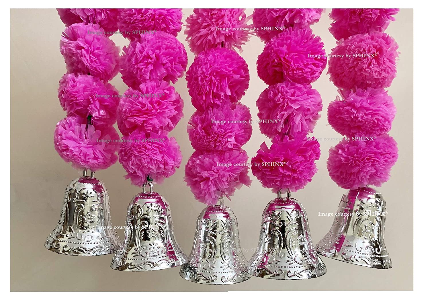 SPHINX ARTIFICIAL MARIGOLD FLUFFY FLOWERS AND GOLDEN/SILVER HANGING BELLS SHORT GARLANDS/TORANS/WALL HANGINGS/LATKANS FOR DECORATION APPROX. 1.2 FT.- PACK OF 5 STRINGS -BABY PINK