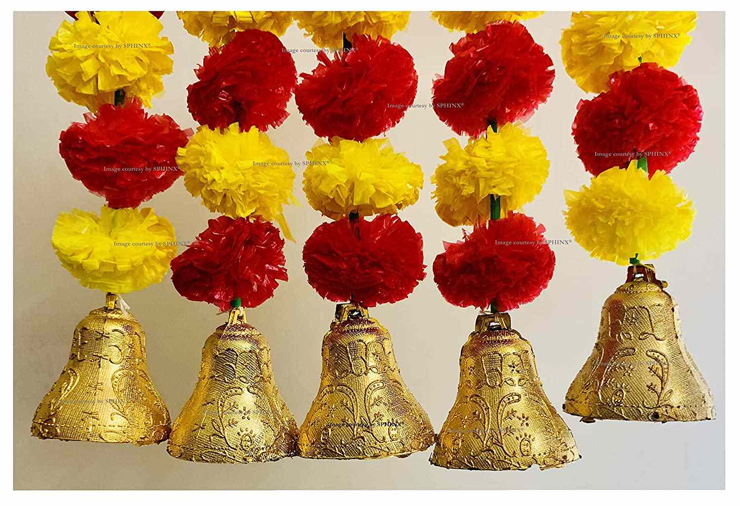 SPHINX ARTIFICIAL MARIGOLD FLUFFY FLOWERS AND GOLDEN/SILVER HANGING BELLS SHORT GARLANDS/TORANS/WALL HANGINGS/LATKANS FOR DECORATION APPROX. 1.2 FT.- PACK OF 5 STRINGS – YELLOW & RED
