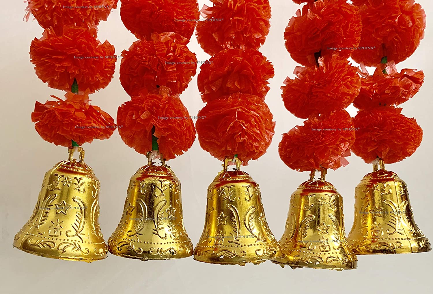 SPHINX ARTIFICIAL MARIGOLD FLUFFY FLOWERS AND GOLDEN/SILVER HANGING BELLS SHORT GARLANDS/TORANS/WALL HANGINGS/LATKANS FOR DECORATION APPROX. 1.2 FT.- PACK OF 5 STRINGS – RED