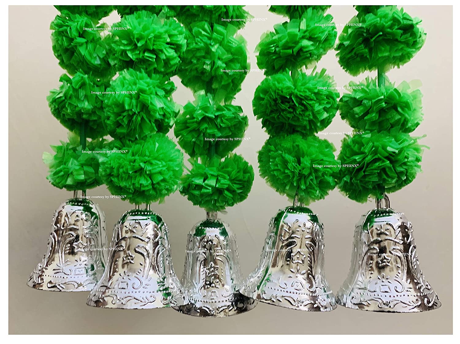 SPHINX ARTIFICIAL MARIGOLD FLUFFY FLOWERS AND GOLDEN BELLS GARLANDS/TORANS/WALL HANGINGS FOR DECORATION (APPROX 2.5 FT.)PACK OF 6 STRINGS -GREEN
