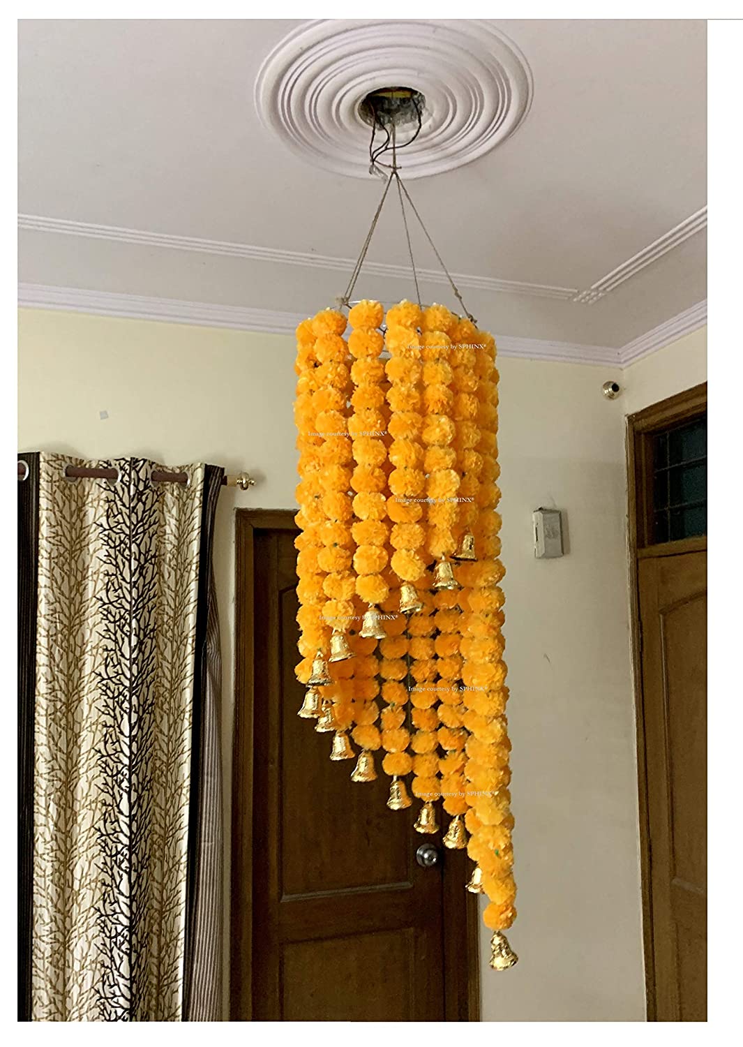 SPHINX ARTIFICIAL MARIGOLD FLUFFY FLOWERS (GENDA PHOOL) CHANDELIER/JHOOMAR – LIGHT ORANGE (HEIGHT APPROX. 4 FT.)