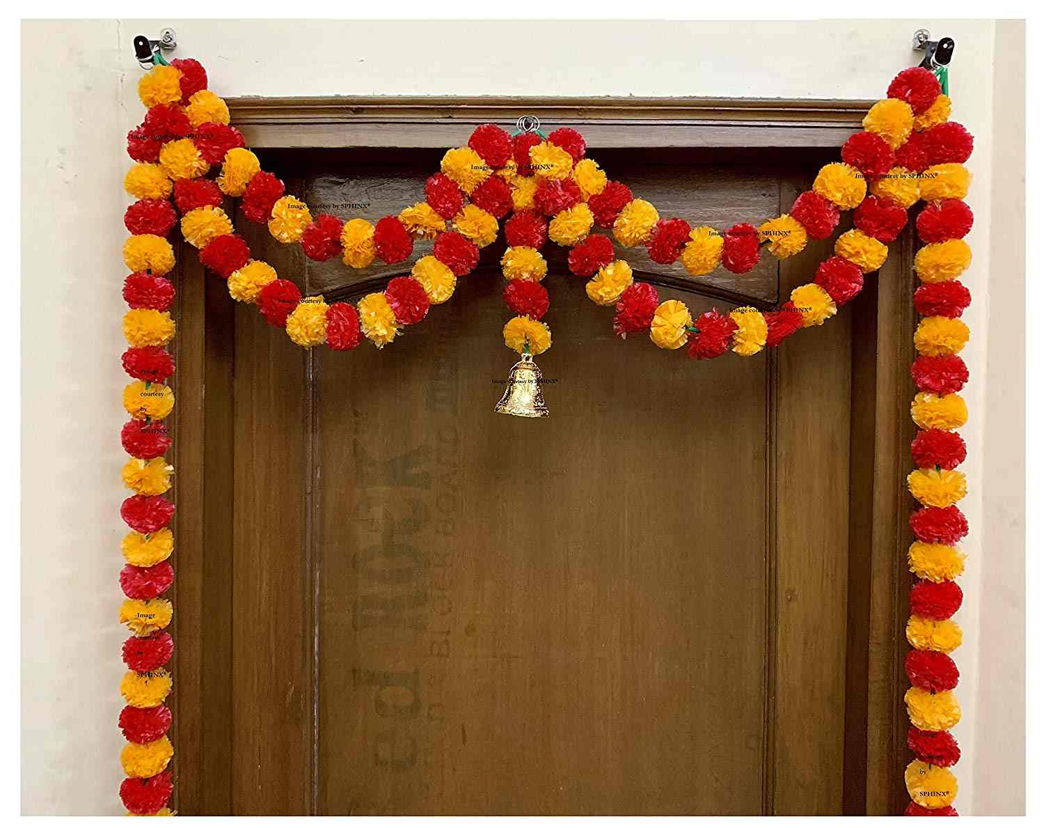 SPHINX ARTIFICIAL MARIGOLD FLUFFY FLOWER GARLANDS DOOR TORAN SET/DOOR HANGINGS – LIGHT ORANGE & RED (APPROX 100 X 152 CMS)