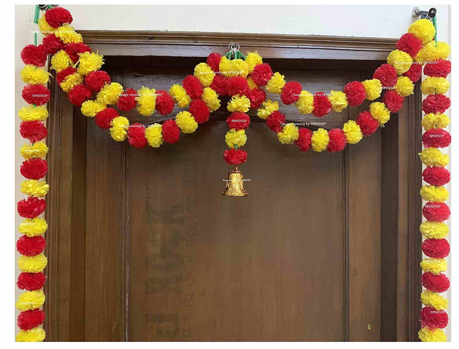 SPHINX ARTIFICIAL MARIGOLD FLUFFY FLOWER GARLANDS DOOR TORAN SET/DOOR HANGINGS -YELLOW & RED (APPROX 100 X 152 CMS)