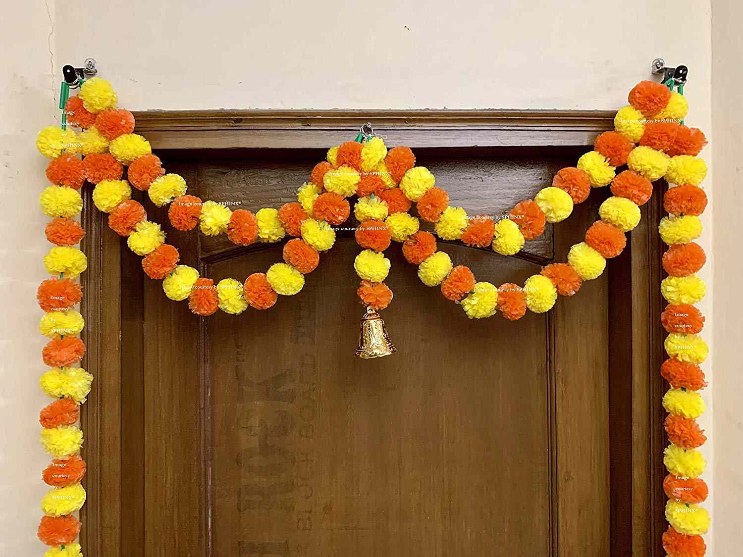 SPHINX ARTIFICIAL MARIGOLD FLUFFY FLOWER GARLANDS DOOR TORAN SET/DOOR HANGINGS – YELLOW & DARK ORANGE (APPROX 100 X 152 CMS)