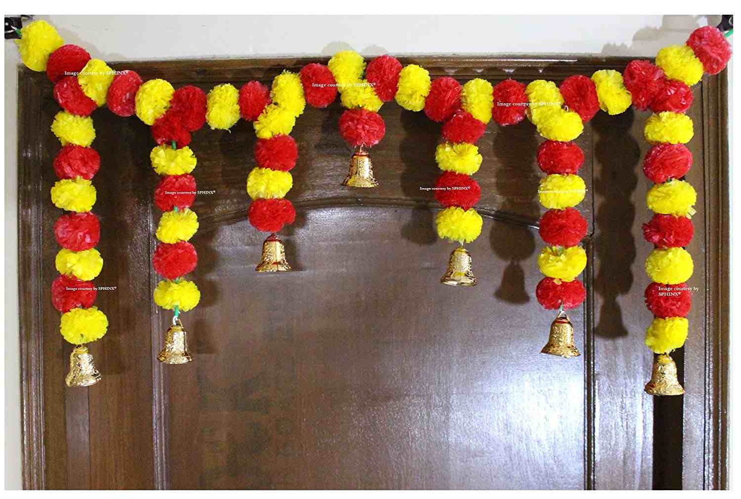 SPHINX ARTIFICIAL MARIGOLD FLUFFY FLOWER GARLANDS DOOR TORAN SET/DOOR HANGINGS FOR DECORATION (APPROX. 100 X 41 CMS)- YELLOW & RED