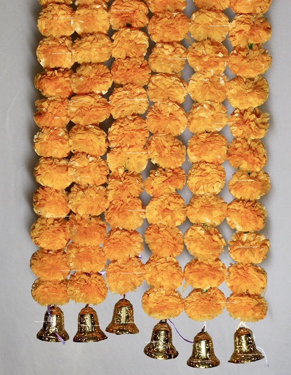 SPHINX ARTIFICIAL MARIGOLD FLUFFY FLOWERS AND GOLDEN HANGING BELLS GARLANDS/TORANS/WALL HANGINGS FOR DECORATION APPROX 2.5 ft – PACK OF 6 STRINGS – LIGHT ORANGE