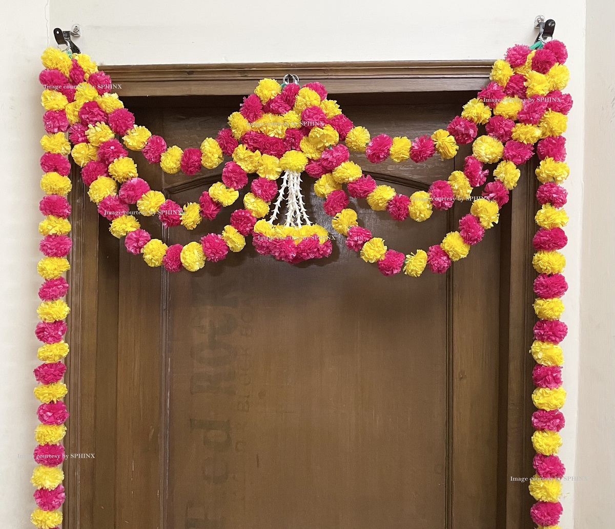 SPHINX ARTIFICIAL MARIGOLD FLUFFY FLOWERS TRIPLE LOOP DOOR TORAN SET/DOOR HANGINGS FOR DECORATION (APPROX. 100 X 60 CMS)- (YELLOW AND DARK PINK)