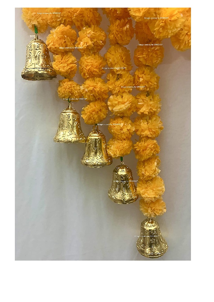 SPHINX ARTIFICIAL MARIGOLD FLUFFY FLOWERS AND GOLDEN/SILVER HANGING BELLS GARLANDS/TORANS/WALL HANGINGS FOR DECORATION (APPROX. 5 FT.) PACK OF 5 STRINGS – LIGHT ORANGE