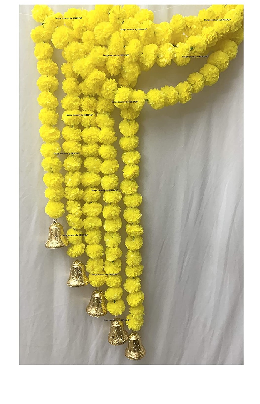 SPHINX ARTIFICIAL MARIGOLD FLUFFY FLOWERS AND GOLDEN/SILVER HANGING BELLS GARLANDS/TORANS/WALL HANGINGS FOR DECORATION (APPROX. 5 FT.) PACK OF 5 STRINGS – YELLOW