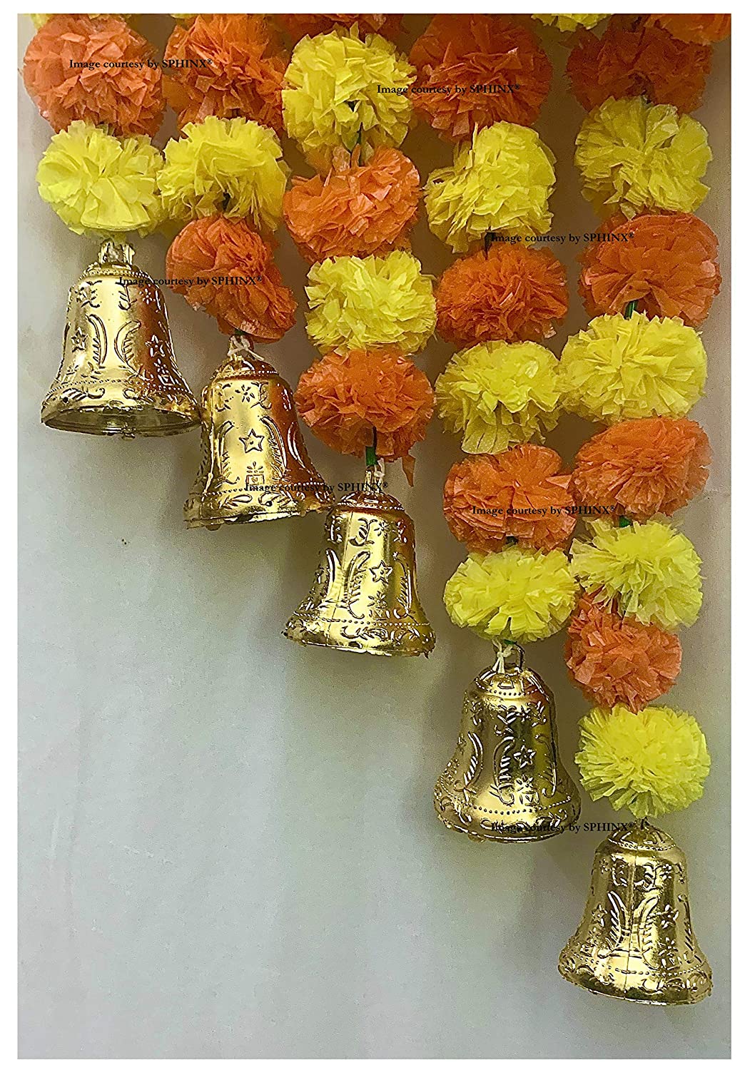 SPHINX ARTIFICIAL MARIGOLD FLUFFY FLOWERS AND GOLDEN/SILVER HANGING BELLS GARLANDS/TORANS/WALL HANGINGS FOR DECORATION (APPROX. 5 FT.) PACK OF 5 STRINGS – YELLOW AND DARK ORANGE