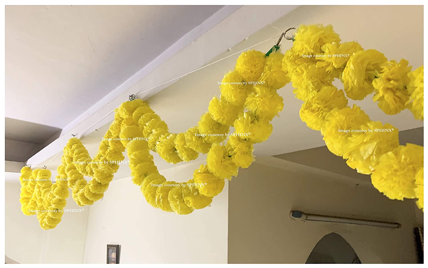 SPHINX ARTIFICIAL MARIGOLD FLUFFY FLOWERS DOUBLE LINES HANGING LOOPS/STRINGS/GARLANDS FOR DECORATION (WIDTH x HEIGHT = APPROX 26 x 9.5 INCHES) – PACK OF 5 – YELLOW