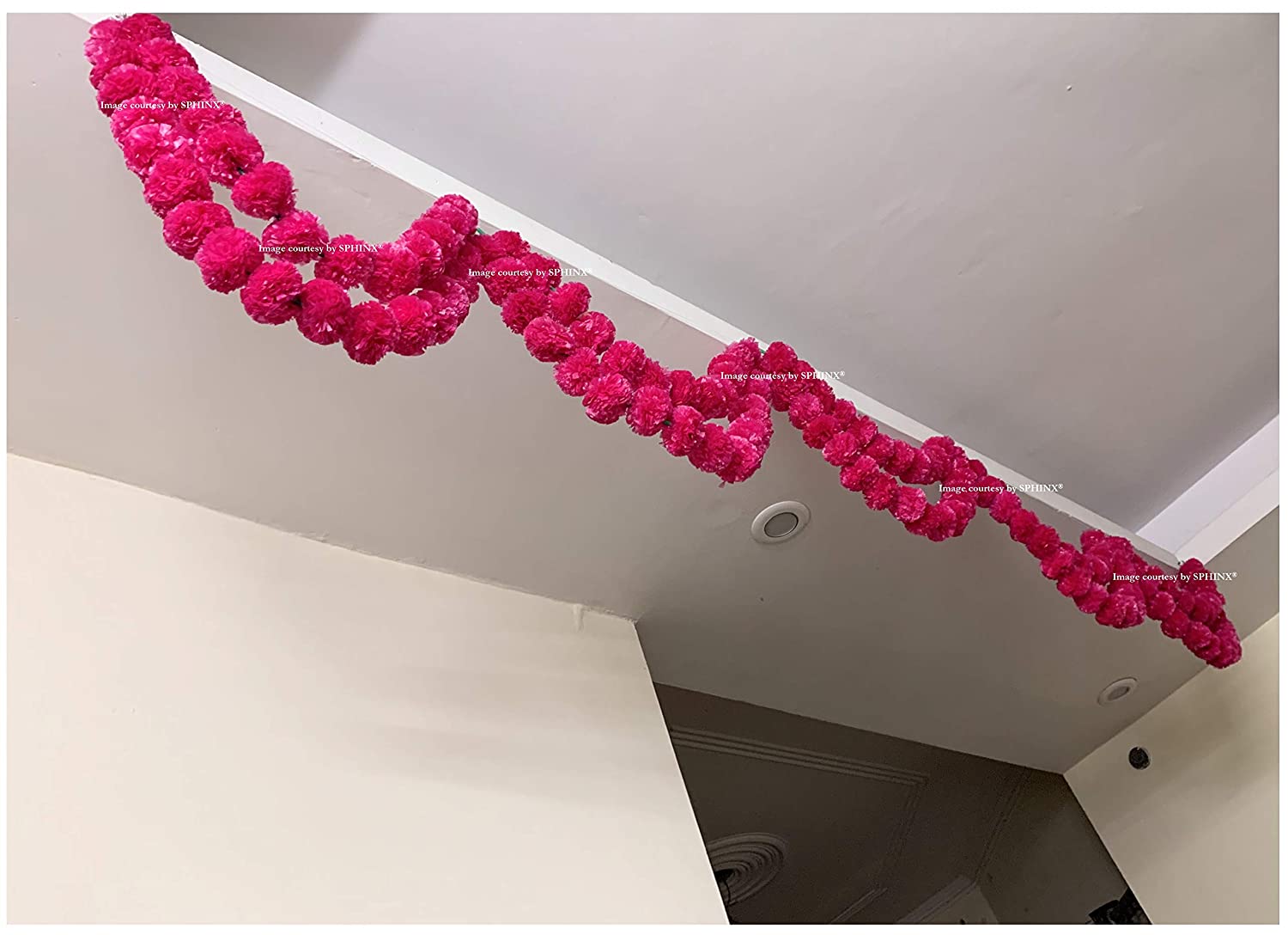 SPHINX ARTIFICIAL MARIGOLD FLUFFY FLOWERS DOUBLE LINES HANGING LOOPS/STRINGS/GARLANDS FOR DECORATION (WIDTH x HEIGHT = APPROX 26 x 9.5 INCHES) – PACK OF 5 – (DARK PINK)