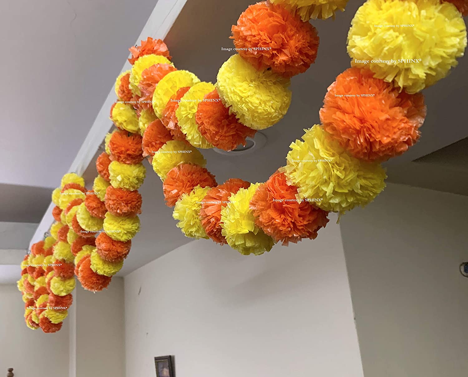 SPHINX ARTIFICIAL MARIGOLD FLUFFY FLOWERS DOUBLE LINES HANGING LOOPS/STRINGS/GARLANDS FOR DECORATION (WIDTH x HEIGHT = APPROX 26 x 9.5 INCHES) – PACK OF 5 – (YELLOW AND DARK ORANGE