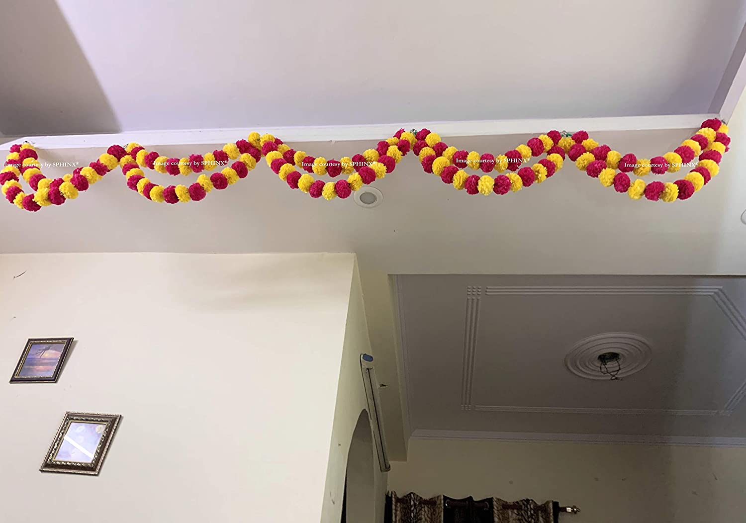 SPHINX ARTIFICIAL MARIGOLD FLUFFY FLOWERS DOUBLE LINES HANGING LOOPS/STRINGS/GARLANDS FOR DECORATION (WIDTH x HEIGHT = APPROX 26 x 9.5 INCHES) – PACK OF 5 – (YELLOW AND DARK PINK)