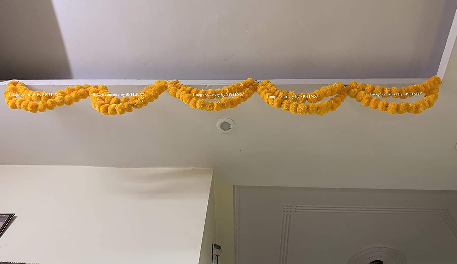 SPHINX ARTIFICIAL MARIGOLD FLUFFY FLOWERS DOUBLE LINES HANGING LOOPS/STRINGS/GARLANDS FOR DECORATION (WIDTH x HEIGHT = APPROX 26 x 9.5 INCHES) – PACK OF 5 – LIGHT ORANGE