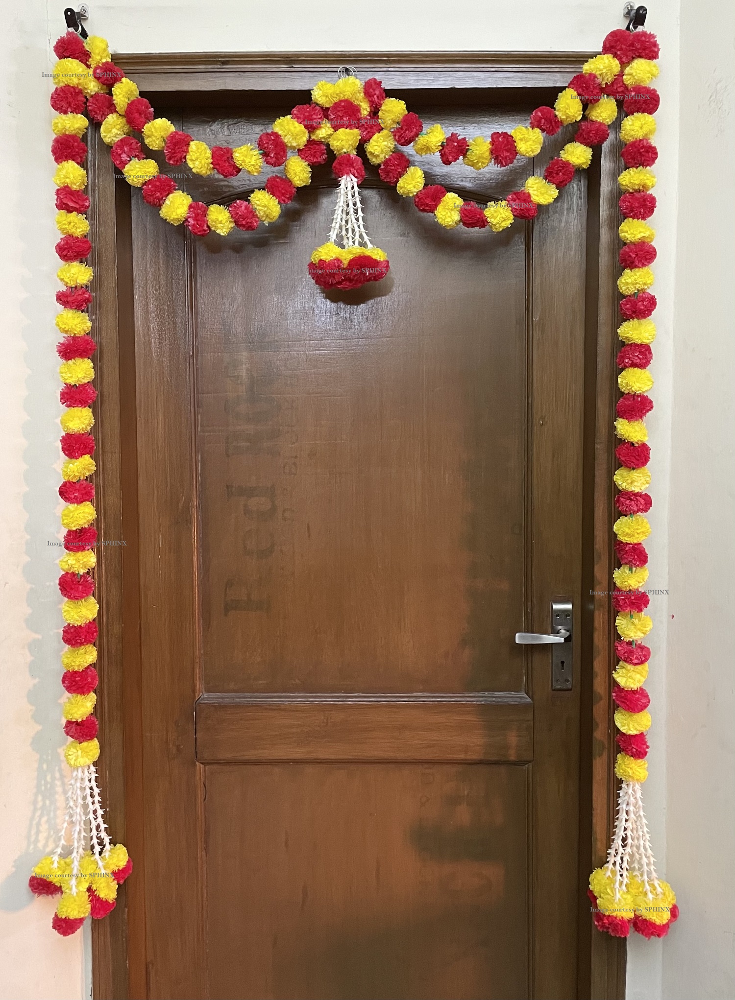 SPHINX ARTIFICIAL MARIGOLD FLUFFY FLOWERS AND TUBEROSE(RAJNIGANDHA) DOOR TORAN SET/DOOR HANGINGS – YELLOW AND RED ( APPROX. 100 X 158 CMS)