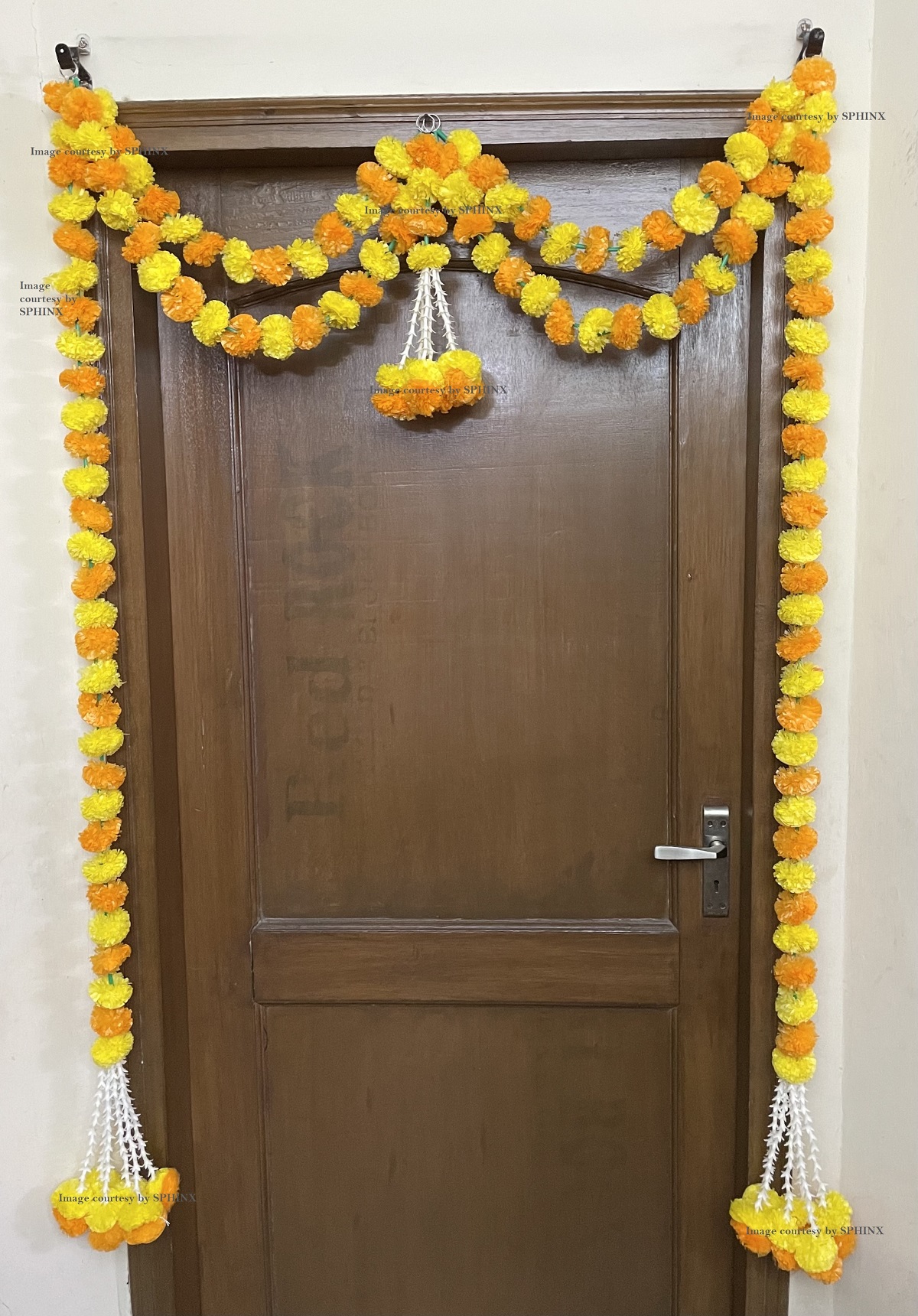 SPHINX ARTIFICIAL MARIGOLD FLUFFY FLOWERS AND TUBEROSE(RAJNIGANDHA) DOOR TORAN SET/DOOR HANGINGS – YELLOW AND LIGHT ORANGE ( APPROX. 100 X 158 CMS)