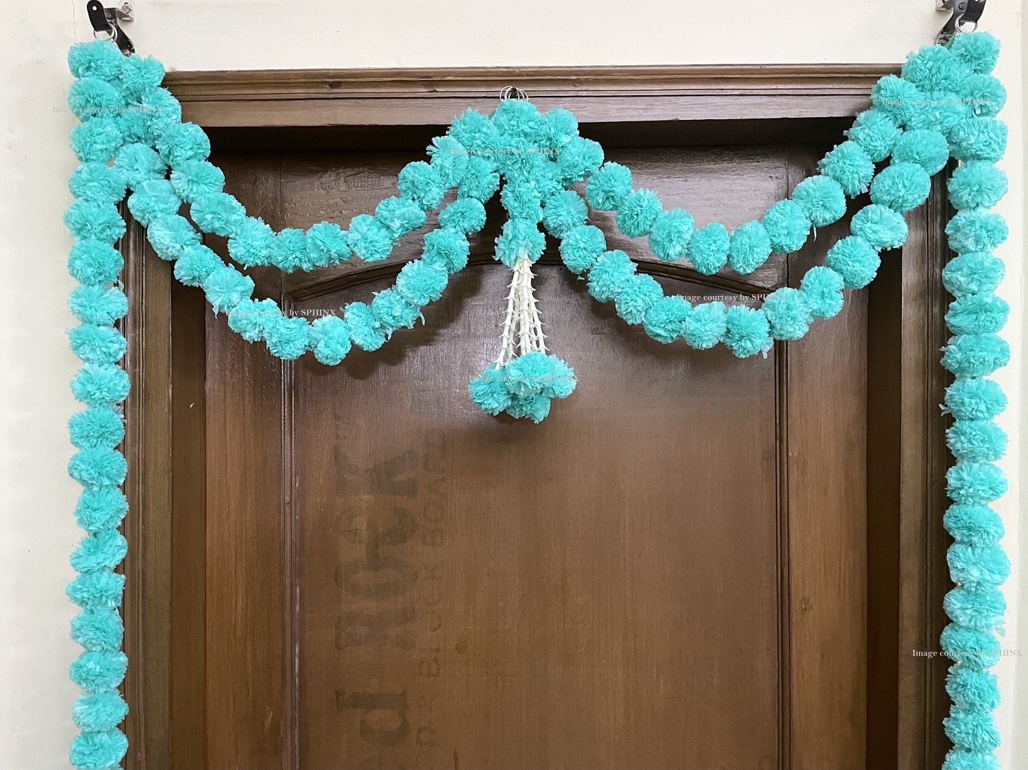SPHINX ARTIFICIAL MARIGOLD FLUFFY FLOWERS AND TUBEROSE(RAJNIGANDHA) DOOR TORAN SET/DOOR HANGINGS – SKY BLUE ( APPROX. 100 X 158 CMS)