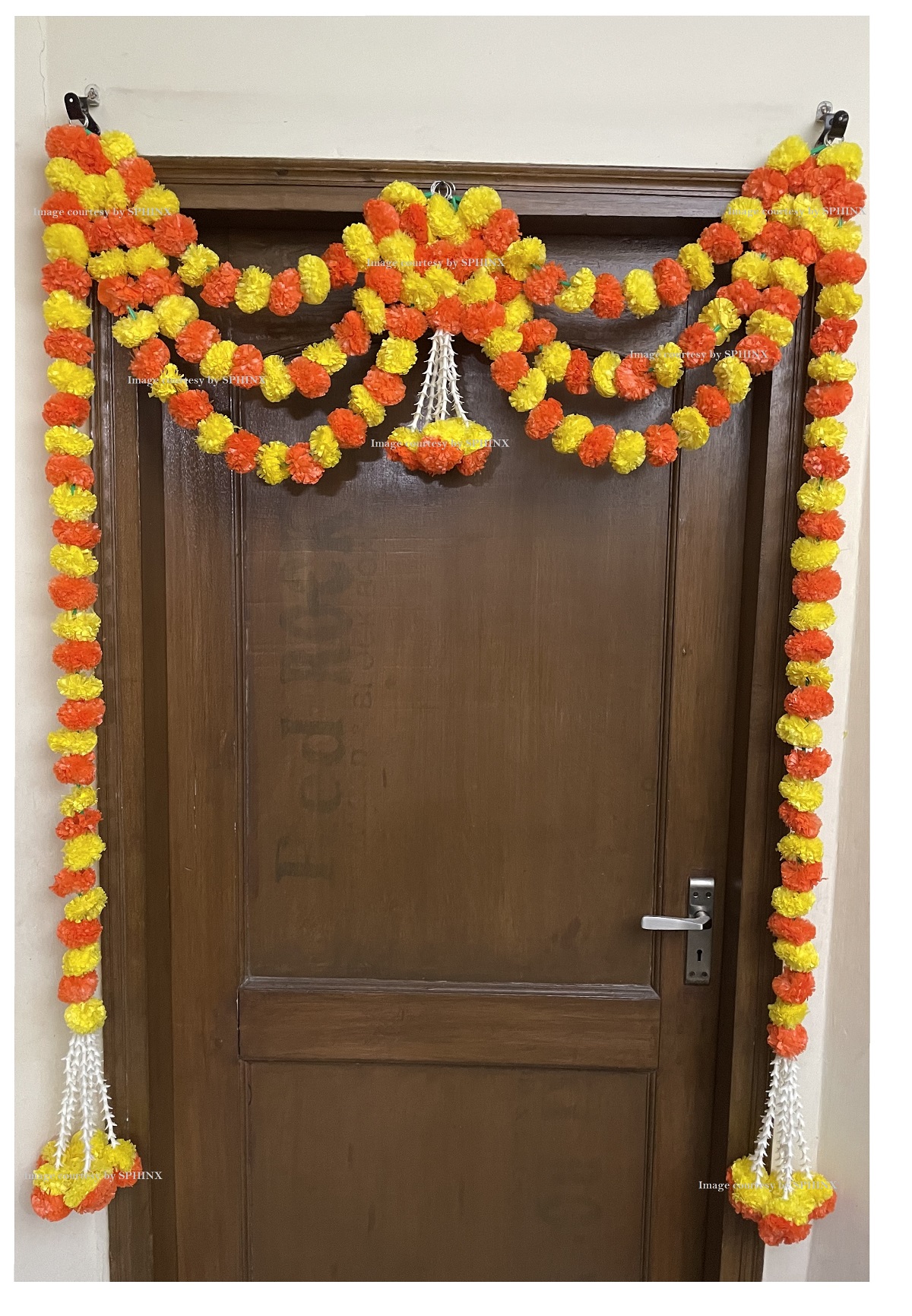 SPHINX ARTIFICIAL MARIGOLD FLUFFY FLOWERS AND TUBEROSE(RAJNIGANDHA) TRIPLE LINE DOOR TORAN SET/DOOR HANGINGS – YELLOW AND DARK ORANGE ( APPROX. 100 X 158 CMS)