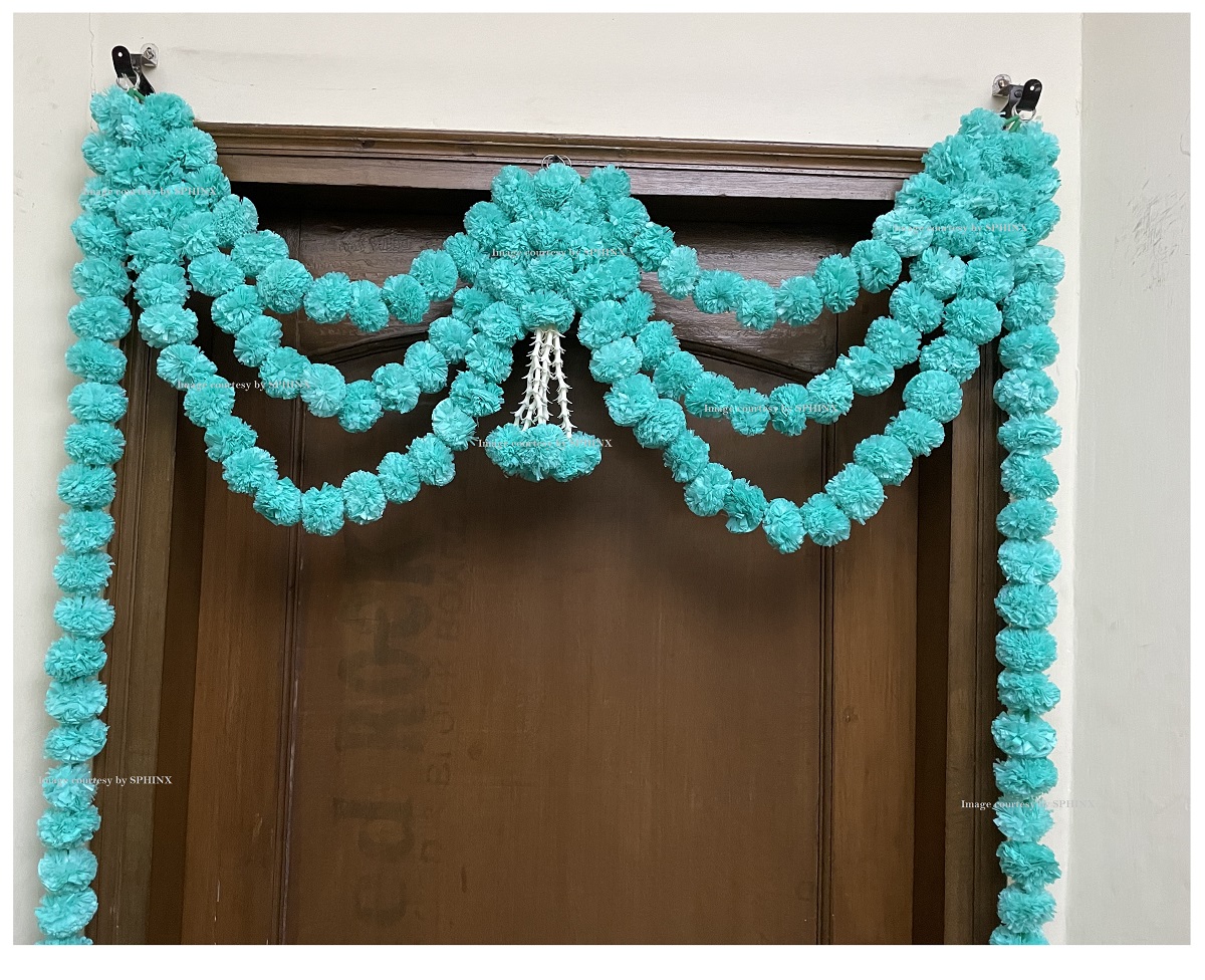 SPHINX ARTIFICIAL MARIGOLD FLUFFY FLOWERS AND TUBEROSE(RAJNIGANDHA) TRIPLE LINE DOOR TORAN SET/DOOR HANGINGS – SKY BLUE ( APPROX. 100 X 158 CMS)
