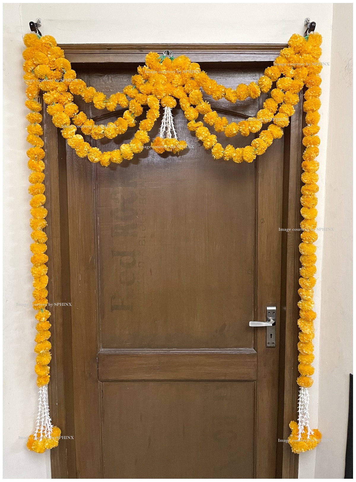 SPHINX ARTIFICIAL MARIGOLD FLUFFY FLOWERS AND TUBEROSE(RAJNIGANDHA) TRIPLE LINE DOOR TORAN SET/DOOR HANGINGS – LIGHT ORANGE ( APPROX. 100 X 158 CMS)