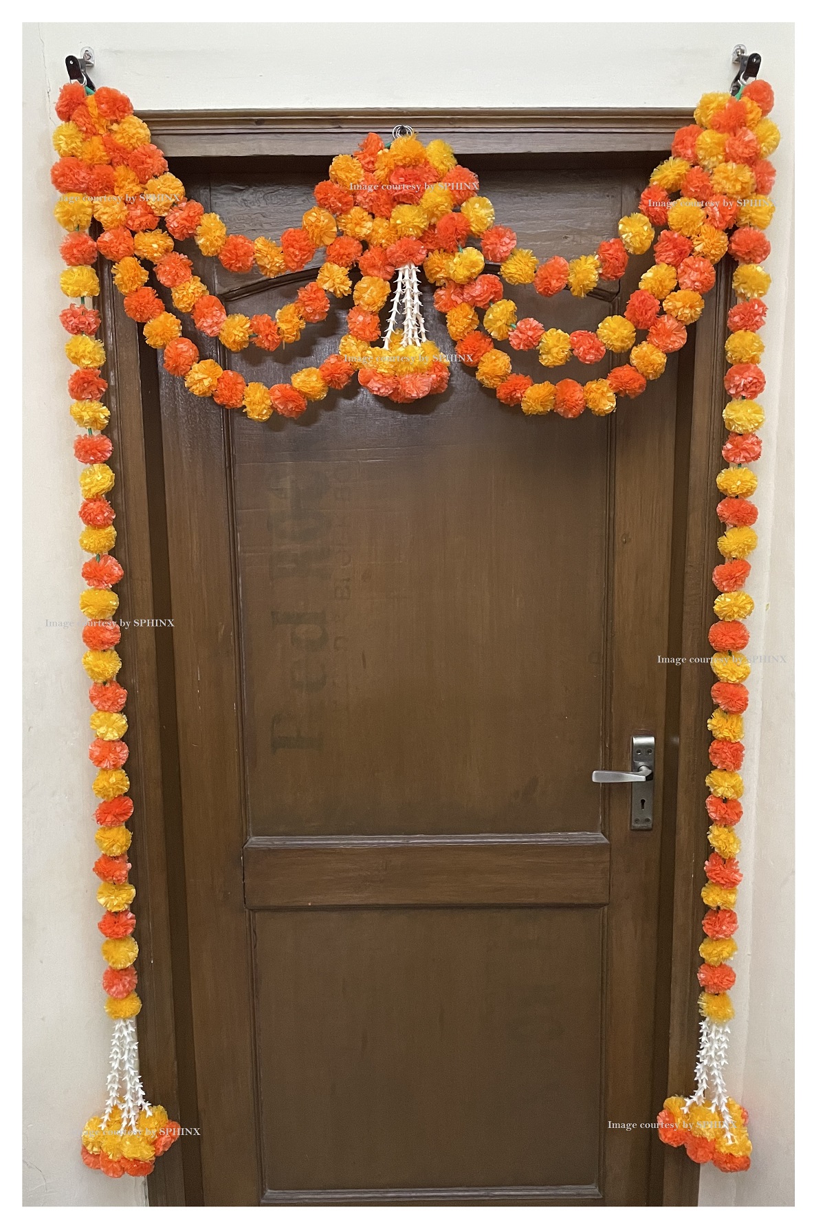 SPHINX ARTIFICIAL MARIGOLD FLUFFY FLOWERS AND TUBEROSE(RAJNIGANDHA) TRIPLE LINE DOOR TORAN SET/DOOR HANGINGS – LIGHT AND DARK ORANGE ( APPROX. 100 X 158 CMS)