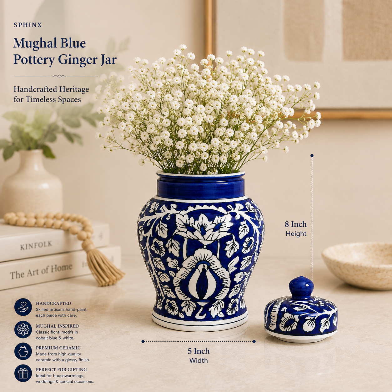 SPHINX Mughal Blue Pottery Ginger Jar Vase with Lid, Hand Painted Ceramic Decorative Jar, Blue & White Table Centerpiece for Home Decor, Housewarming, Wedding, 8 x 5 Inch