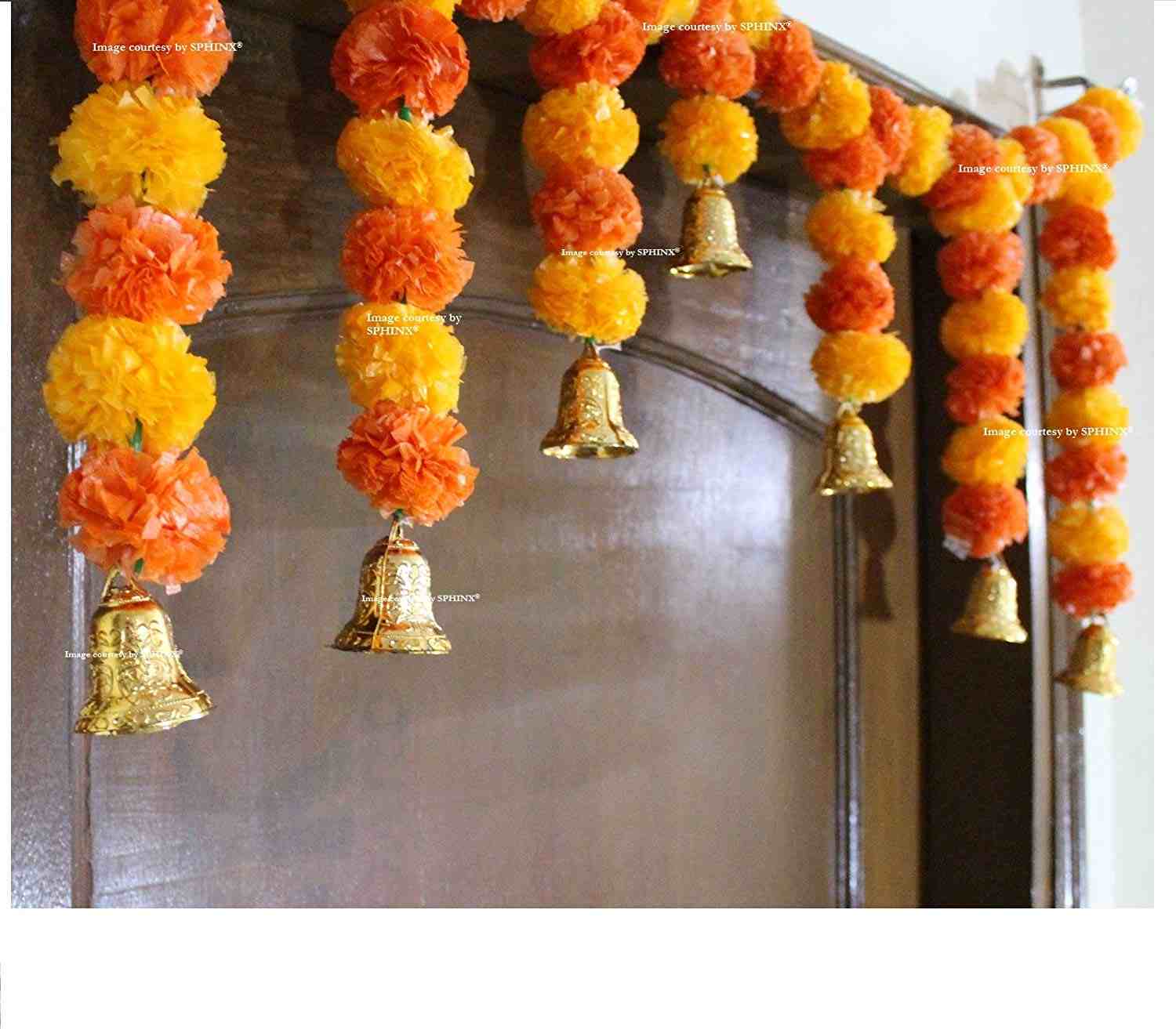 SPHINX Artificial Marigold Fluffy Flower Garlands Door Toran Set Light Orange, 1 Piece